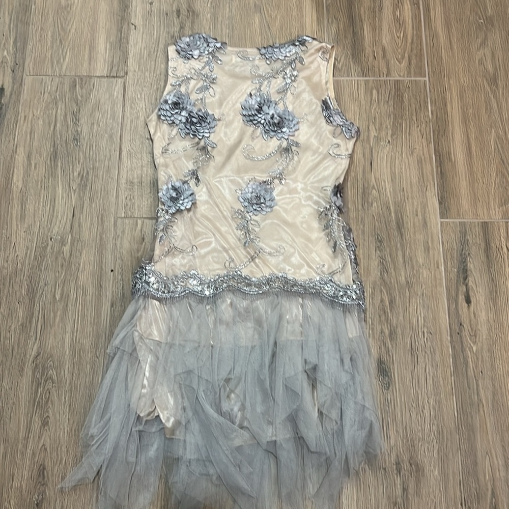 Embroidered Dress Mini Gown Silver Tulle Formal Dance Holiday Party New Years - Picture 13 of 13